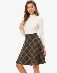 Allegra K Women's Plaids Vintage Tartan Elastic Waist Knee Length A-Line Skirt