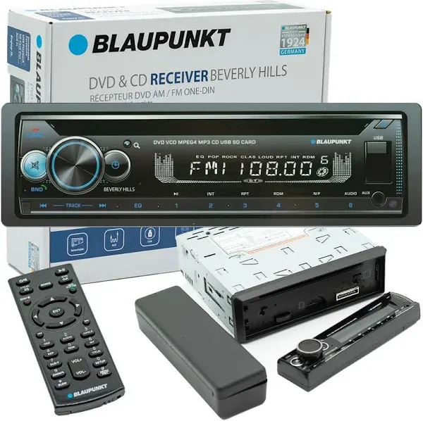 BLAUPUNKT BEVERLYHILLS150 Multimedia Car Stereo - 120W Peak Power, Bluetooth Connectivity, Hands-Free Calling, Detachable Faceplate, DVD & CD Receiver, USB/SD, AM/FM, Remote Control