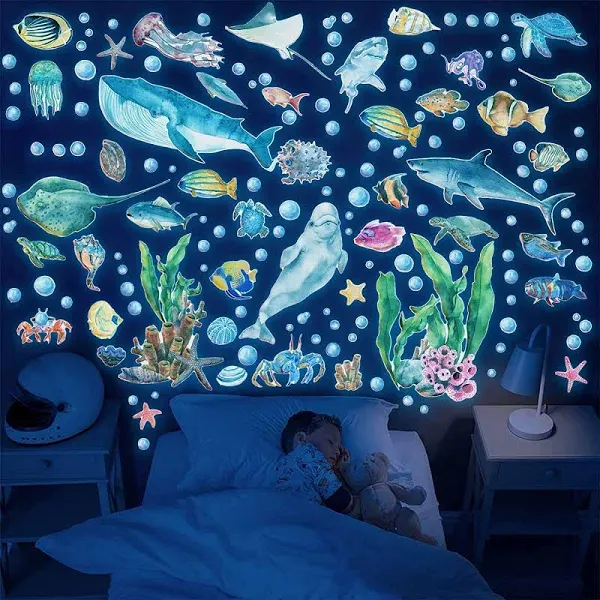 Glow in The Dark Fish Wall Decals,Under The Sea Wall Stickers Decals Ocean