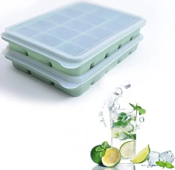 Ice Cube Trays Set of 2, Easy Release 15 Flexible Silicone Ice Cube Molds with Removable Lid Reusable Freezer Ice Trays Stackable for Whiskey, Baby Food, BPA Free (Blue)