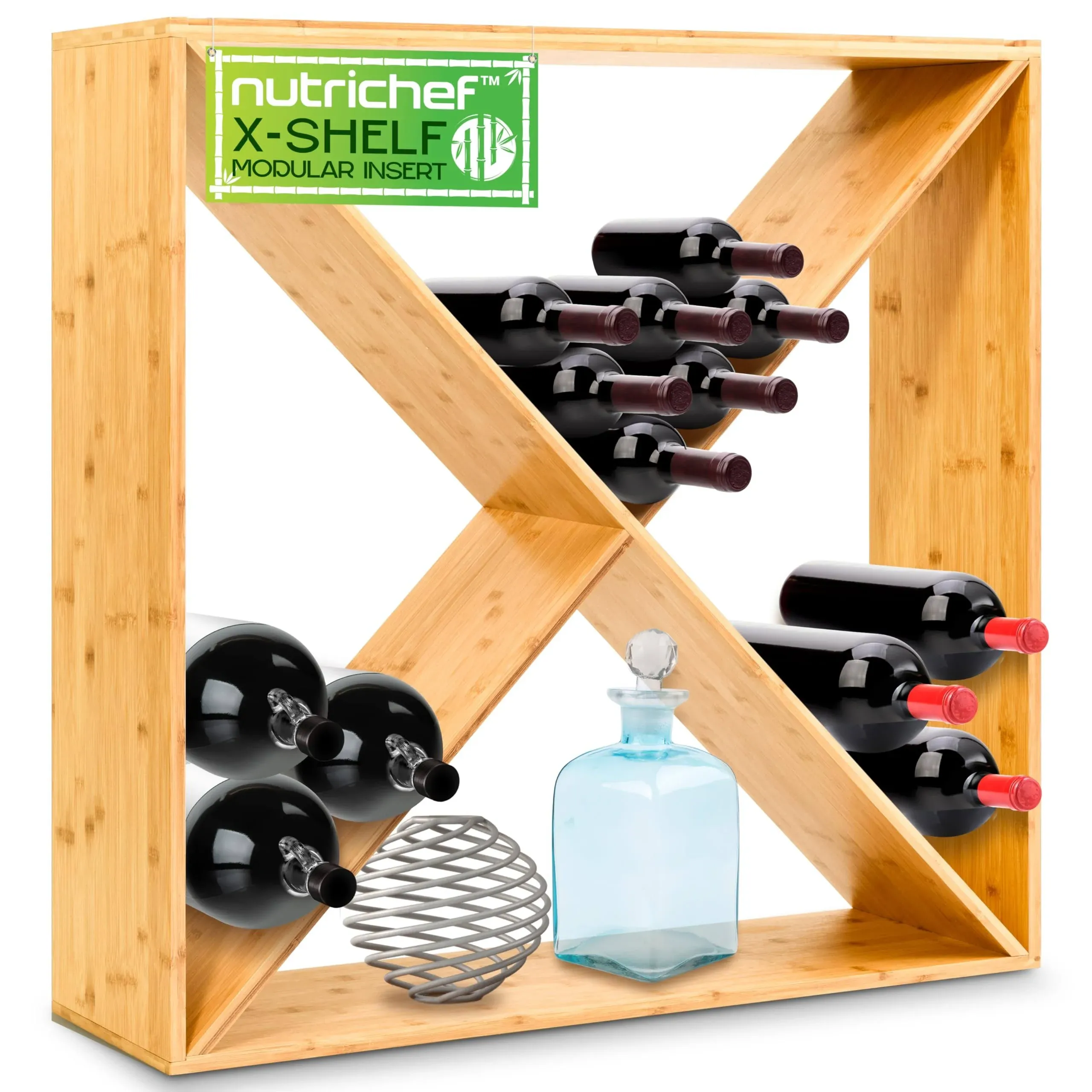 NutriChef 24 Bottle Capacity Stackable X Frame Bamboo Cube Wine Rack