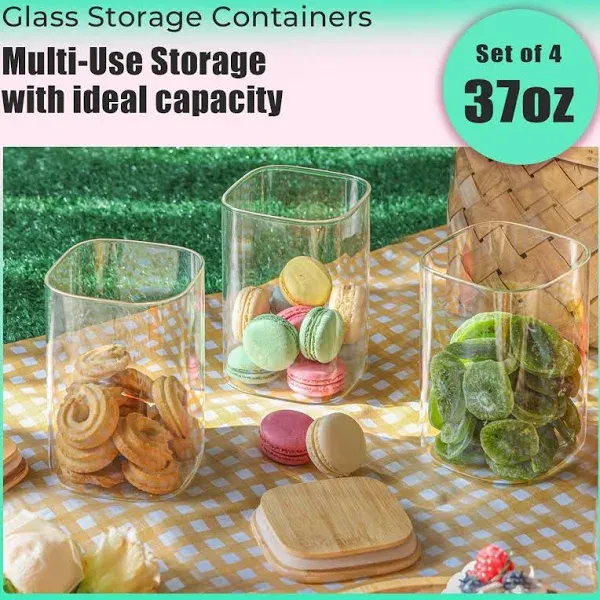 Glass Food Storage Jars with Lids 37fl.oz Square Set of 4,Glass Storage Containers Clear Glass Food Canister with Bamboo Lid Airtight For Serving Tea, Coffee Beans, Flour,Cookie, Cereal,Spice and More