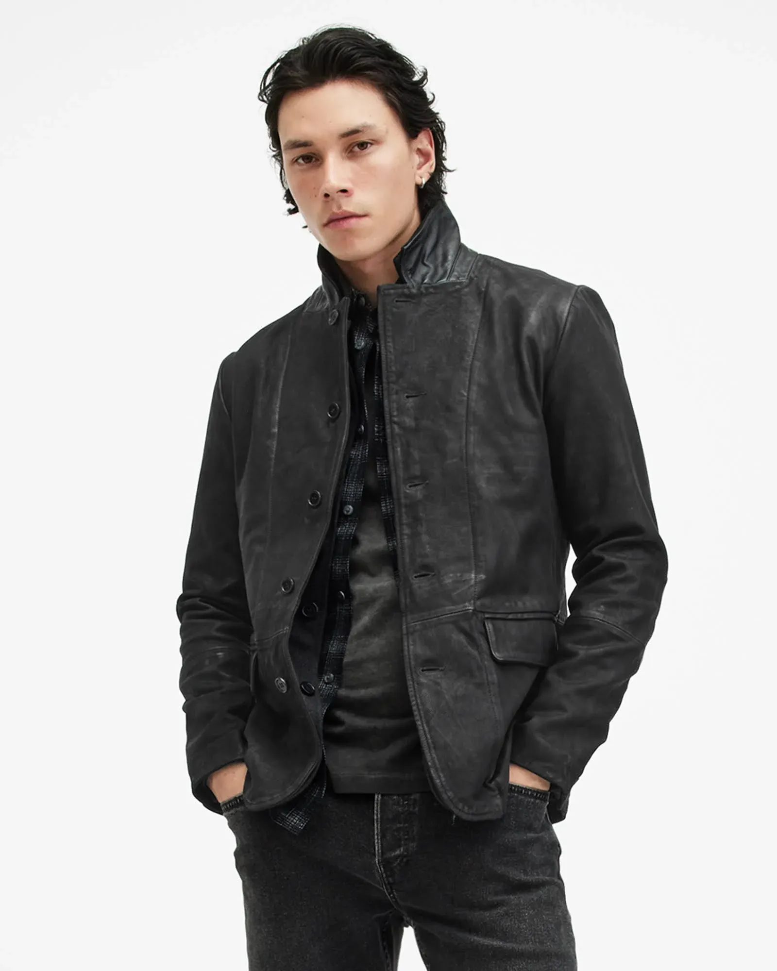 AllSaints Men's Standard Survey Leather Blazer, Anthracite Grey