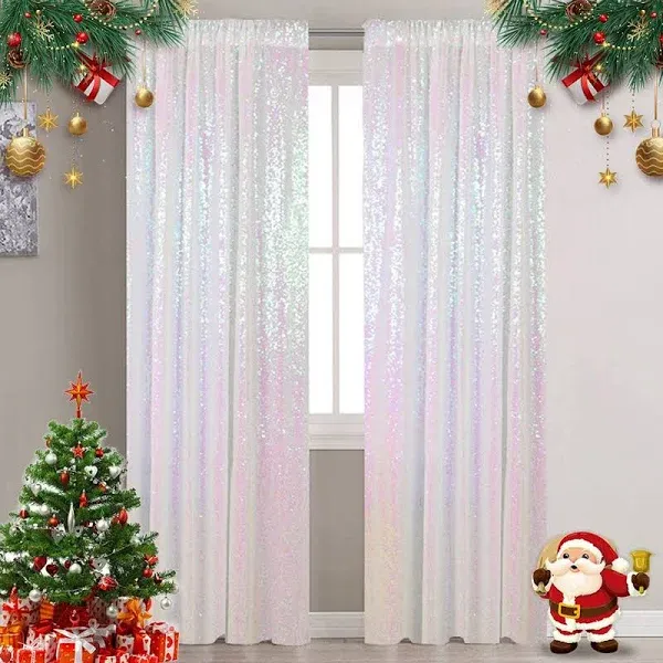 Sequin Curtains 2 Panels Iridescent White 2' 7' Backdrop Curtain