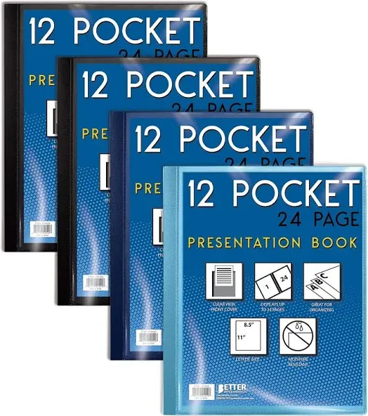 Better Office Products 12 Pocket Bound Presentation Book, Assorted Colors, Clear View Front Cover, 24 Sheet Protector Pages, 8.5" x 11" Sheets, Art