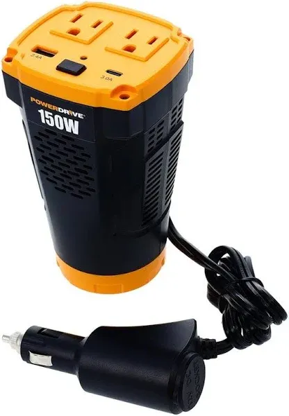 PWD150C 150W Power Inverter for Cup Holders 12V DC to 110V AC with 2 Outlets and