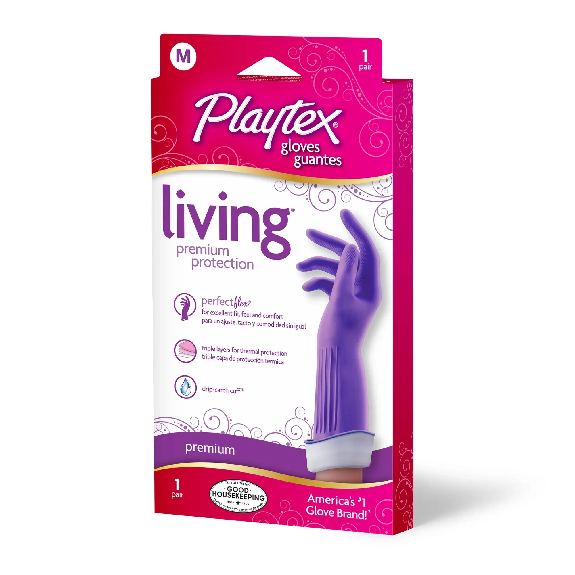 O-Cedar Playtex Living Gloves - Chemical, Bacteria Protection - Medium Size - Latex, Neoprene, Nitrile - Pink - Anti-microbial, Reusable, Durable, Com