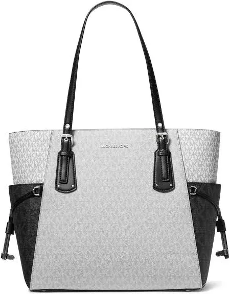 Michael Kors Voyager East West MK White Black Multi Signature Tote Shoulder Bag