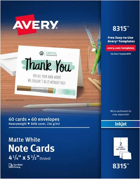 Avery Note Cards 4-1/2 x 5-1/2" Matte Two-Sided Printing 60 Cards