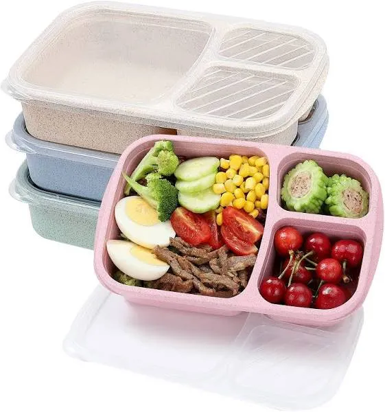 4 Pack Bento Lunch Box Set 3 Compartment Wheat Straw Meal Prep Food Storage C...