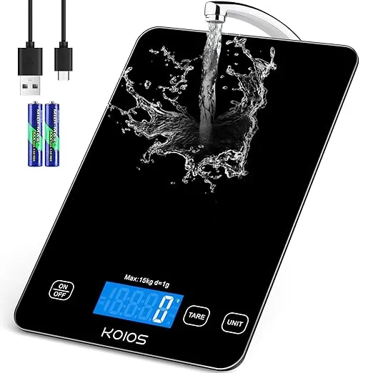 KOIOS Food Scale, 33lb/15kg Digital Kitchen Scale Grams and Ounces for Cooking Baking, 1g/0.1oz Precise Graduation, Type-C Charging, Tare Function, AAA Battery Included(Black)