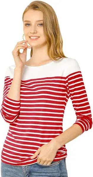 Allegra K Women's Slim Fit Long Sleeve Striped T-Shirt Round Neck Tops