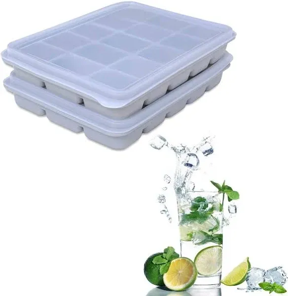 Ice Cube Trays Set of 2, Easy Release 15 Flexible Silicone Ice Cube Molds with Removable Lid Reusable Freezer Ice Trays Stackable for Whiskey, Baby Food, BPA Free (Snow Gray)