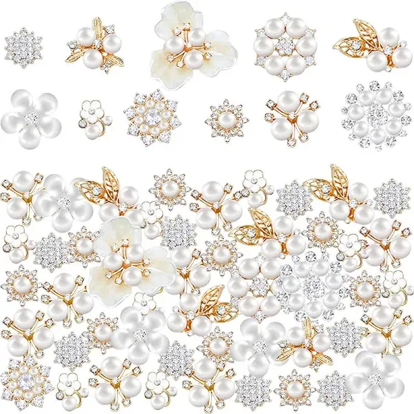 Baaxxango 60 Pieces Rhinestone Buttons,Faux Pearl Embellishments Buttons,Flat Back Flower Rhinestone Buttons for Crafts,Jewelry Making,DIY Wedding