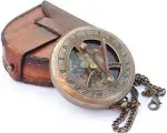 3” Brass Sundial Push Open Compass + Leather Case &amp; Chain Steampunk compass