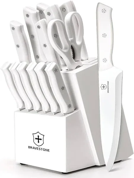 BRAVESTONE Knife Set, 15 Piece Kitchen Knife Set with Block Self Sharpening, Dishwasher Safe, Anti-slip Handle (Cream)