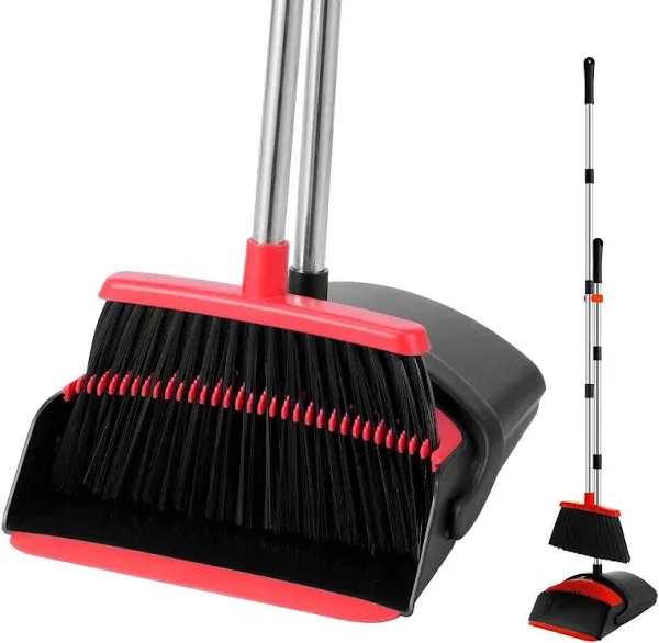 Broom and Dustpan Set House Brooms for Sweeping Indoor Collapsible Broom and Dust Pan Combo for Home Office Kitchen Lobby Floor Pet Hair Indoor&Outdoor Cleaning(Black and Red)