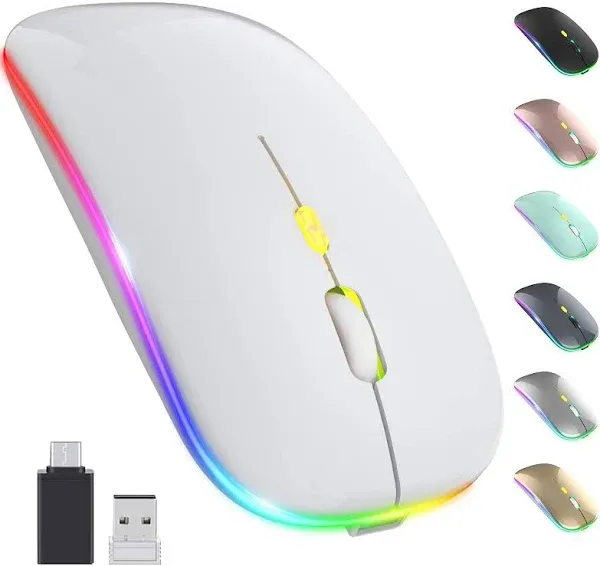 LED Wireless Mouse, Rechargeable Slim Silent Mice 2.4G Portable with USB Receiver and Type-C Adapter, 3 Adjustable DPI for Laptop