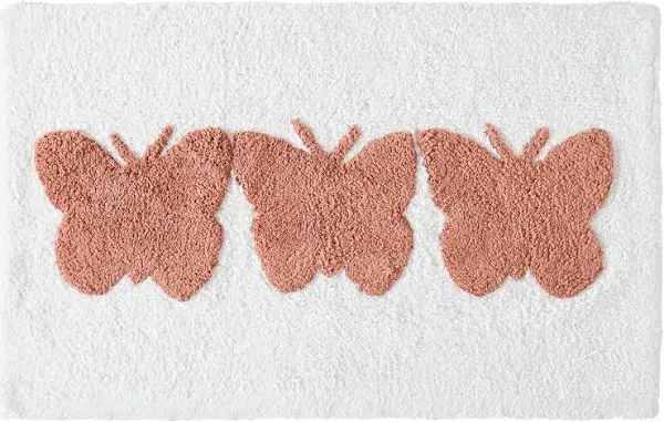 Jessica Simpson Cotton Bath Rug, Premium Overtufted Bathroom Rug, Machine Washable Decor, 20"x32", Butterfly Trio White/Coral