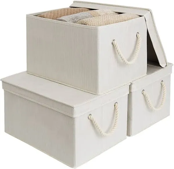 StorageWorks 32L Storage Bins with Lids, Decorative Storage Boxes with Lids and Soft Rope Handles, Mixing of Beige, White & Ivory, Jumbo, 3-Pack