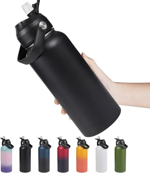 32oz Insulated Stainless Steel Water Bottle, Wide Mouth Double Wall Vacuum, Silicone Straw, Sweat & Leak Proof, BPA Free Insulated Water Flask for Travel, Keep Cold 24h Hot 12h, Black