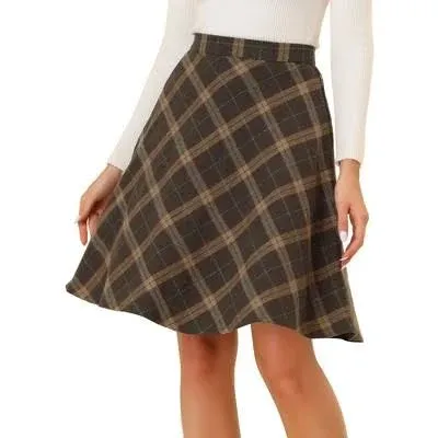 Itamco Brown Plaid Retro Style A-Line Midi Skirt