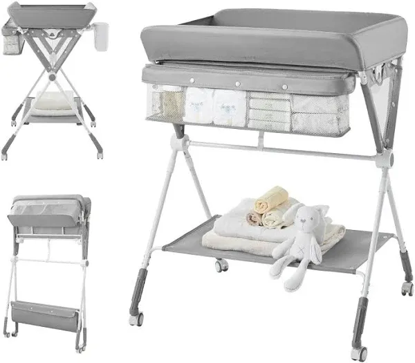 Baby Changing Table Folding Infant Diaper Station Adjustable Height w/ Wheels