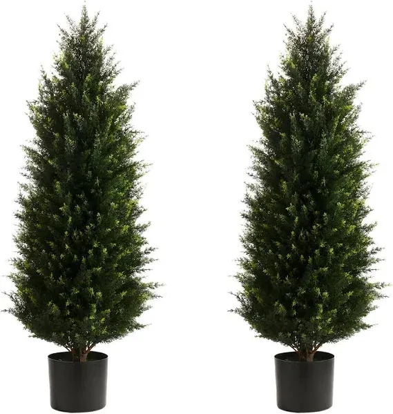 Two 3.2FT Artificial Cedar Topiary Trees UV Protection for Longer Life Artificial Cedar Trees Potted Plants Decorate OutdoorIndoor Front Porch Gardens with Decorative Trees