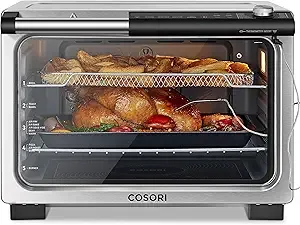 COSORI Ceramic Air Fryer Toaster Oven Combo, 13-in-1 Flat-Sealed Heating Elements for Easy Cleanup, Innovative Burner Function, 8 Accessories & Recipes, 26QT, Silver, Stainless Steel