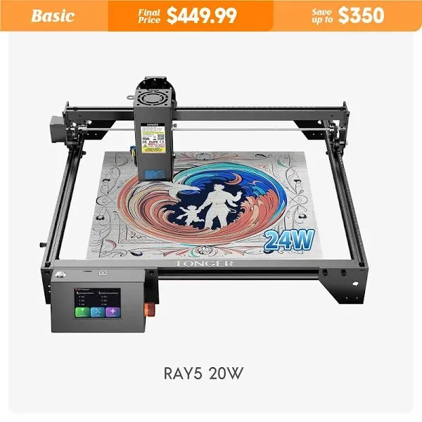 Longer RAY5 Laser Engraver 130W, Higher Accuracy Laser Engraver 20W Output Power, 3.5"Touch Screen APP Offline Control, DIY Engraver Tool for Metal/Glass/Wood, Cutting Area 14.7"x14.7"