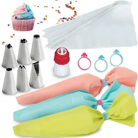 Baketivity Frosting Piping Bags and Tips Set for Decorating Cakes, Cupcakes & More - Frosting Piping Kit with 3 Reusable & 30 Disposable Icing Bags, 6