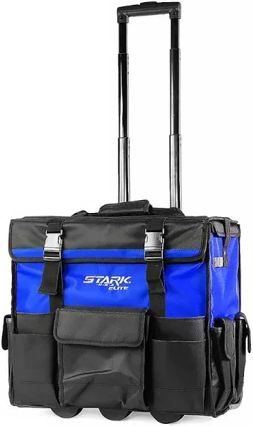 Stark USA Rolling Tool Bag Wheels+Telesco<wbr/>ping Handles+Dual-Z<wbr/>ipper Top Black/Blue