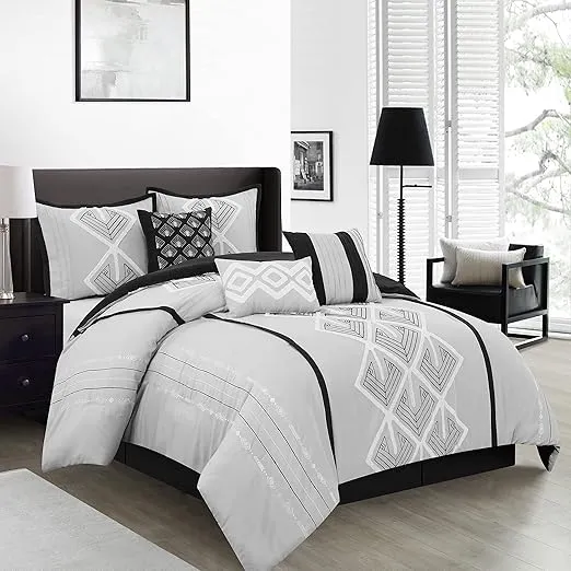 Lanco Carter 7 Piece Comforter Set, Black/Grey, Queen