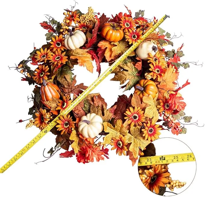 J'FLORU Artificial Fall Wreath 22 Inch Fall Wreaths for Front Door Autumn Wreath with Daisy and Lavender Berry Fall Leaves for Porch Farmhouse Thanksgiving Day Harvest Festival