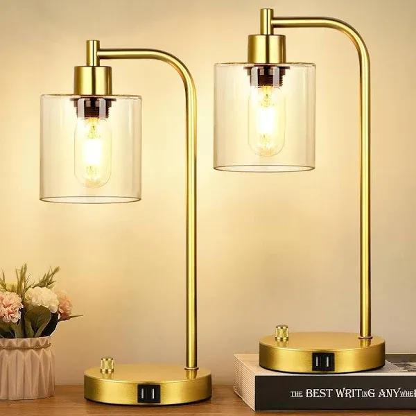 Set of 2 Industrial Table Lamps with 2 USB Port, Gold Fully Stepless Dimmable Be