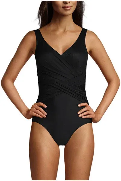 Lands' End Women's Long Torso SlenderSuit Tummy Control V-neck Wrap One Piece Swimsuit