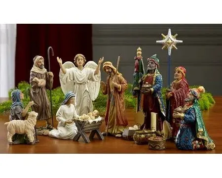 Three Kings Gifts Magi, Wise Men, Christmas Star, Angel, Shepherds, Sheep, Holy Family, Jesus in Manger, Real Gold in Trunk, Nativity Scene Set & Figures, 11-Pieces, for 7 inch Scale Collection