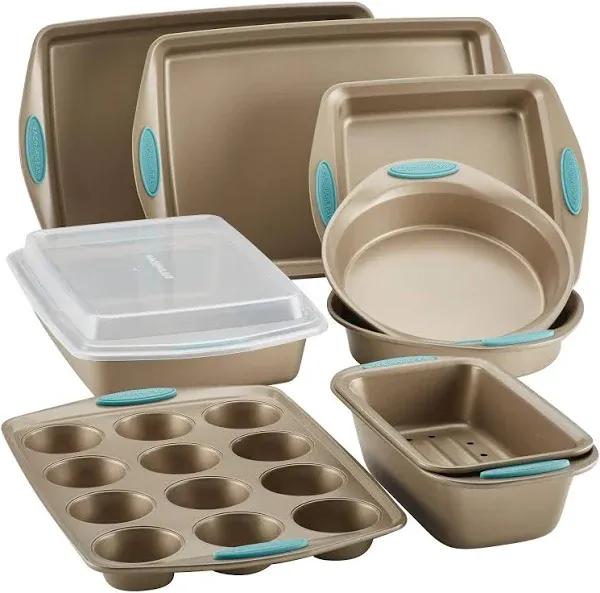 10-Piece Nonstick Bakeware Set, Brown with Red Handles, Thanksgiving Essentials