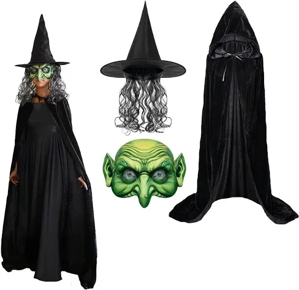 TQJOUJOU Halloween Witch Costumes for Women, 3PCS Set Halloween Party Women Capes, Scary Green Creepy Old Hag Mask with Hat and Cloak Cosplay