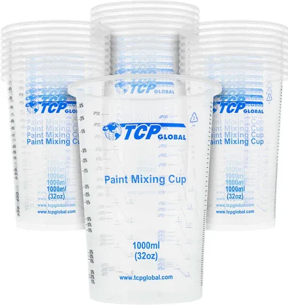 TCP Global 32 Ounce (1000ml) Disposable Flexible Clear Graduated Plastic Mixing Cups - Box of 25 Cups - Use for Paint, Resin, Epoxy, Art, Kitchen