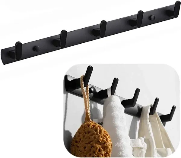 Wall Mounted Coat Racks with 5 Hooks Hanging Holder Towel Rack 17.7"x1.3" Modern Black Hanging for Clothes Entryway Bathroom (5 Hooks(2 Packs))