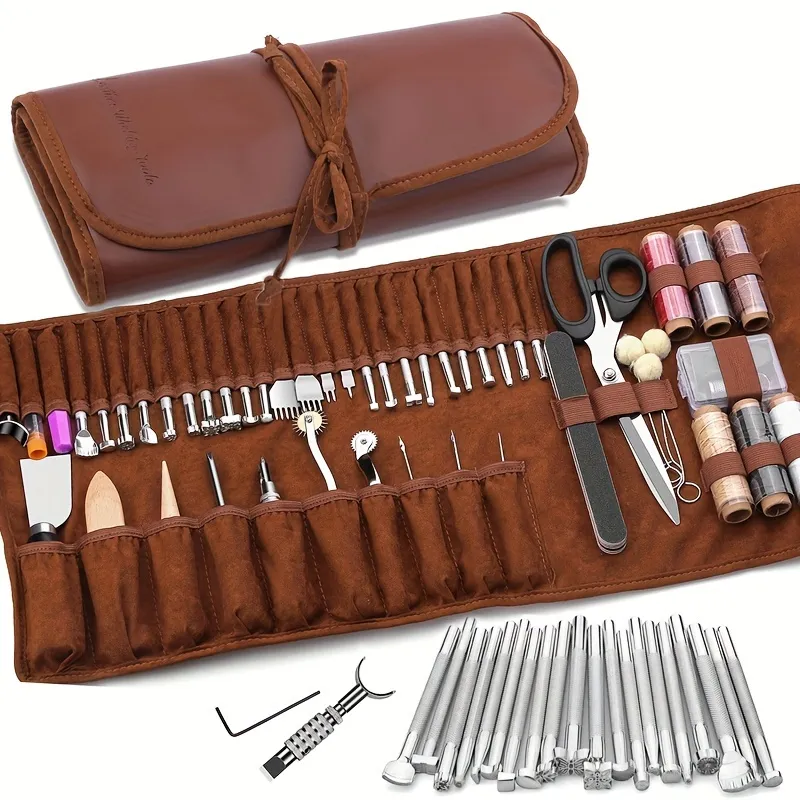 Dorhui Leather Working Tools Kit with Custom Storage Bag Leather Stamping Tools Leather Craft Making for Cutting Punching Sewing Carving Stamping