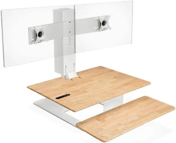 Uplift Desk - E7 Electric Standing Desk Converter, White Base, Natural Rubberwood Worksurface (Dual Monitor)