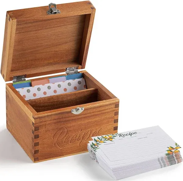 Acacia Wood Recipe Box with Cards - Blank Recipe Box Wooden Set Come with 100 4X