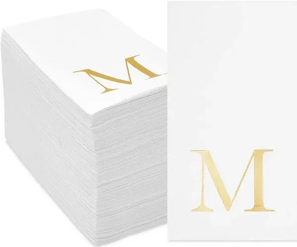 Sparkle and Bash Gold Foil Initial Letter M White Monogram Paper Napkins