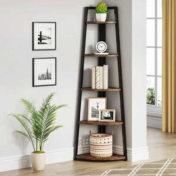 Tribesigns 70 inch Tall Corner Shelf 5 Tier Modern Corner Bookshelf Bookcase Industrial Corner Ladder Shelf Plant Stand for Living Room