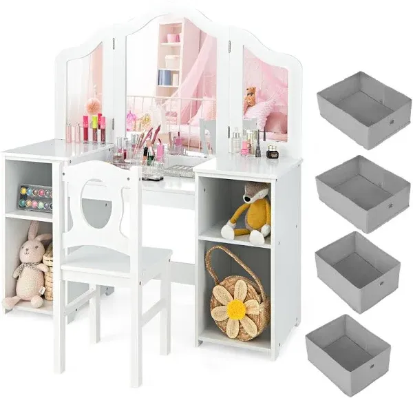 INFANS Kids Vanity 2 in 1 Princess Makeup Desk and Chair Set