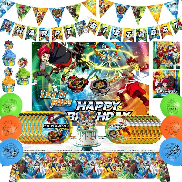 Treasures Gifted Officially Licensed BEYBLADE BURST Party Supplies - Serves 16 Guests Ultimate Set BEYBLADE Party Supplies - BEYBLADE Birthday Party Supplies - BEYBLADE Tablecloth Plates Banner & More