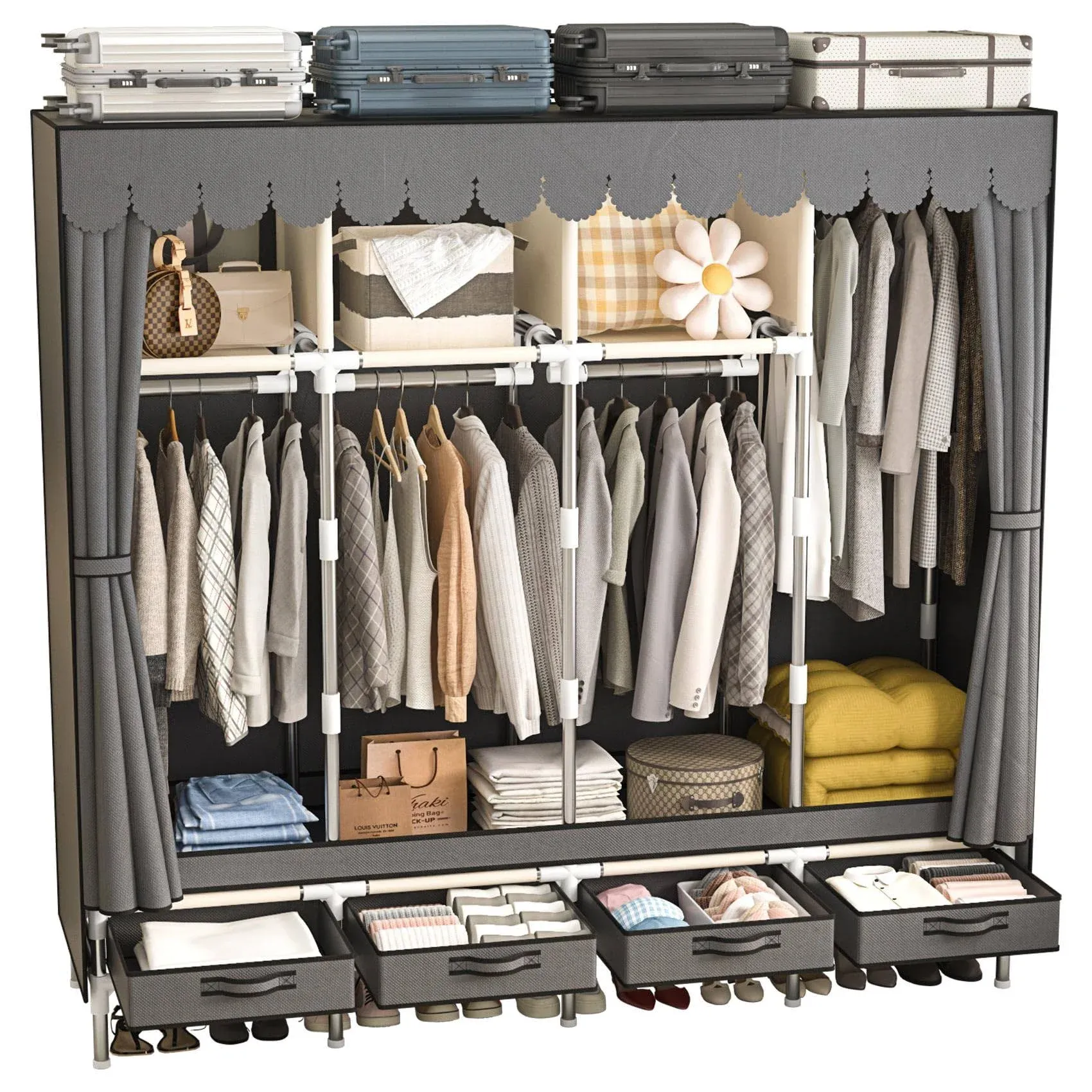 Large Portable Armoire Wardrobe Closet 4 Hanging Rods Drawers Metal