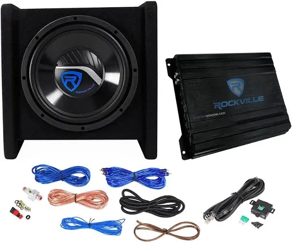 Rockville RV10.1D 500w 10" Loaded Car Subwoofer Enclosure+Mono Amplifier+Amp Kit